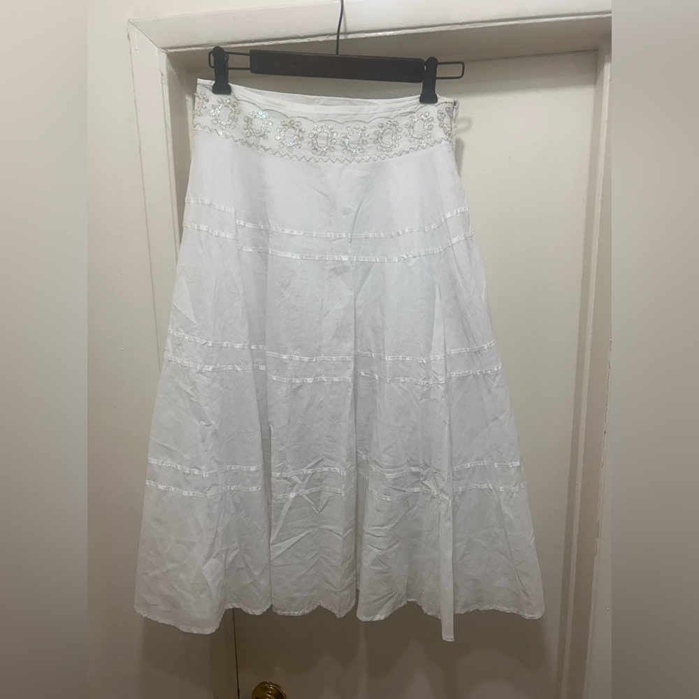 Gracia Midi Skirt Embroidered Beaded Waist A-Line Flowy Festival Peasant Fairy M